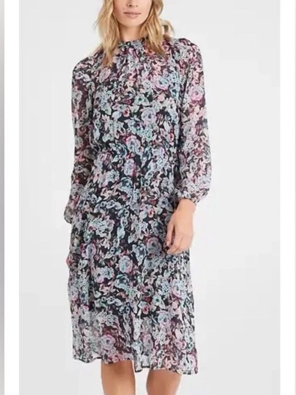 Banana Republic Women's Navy Multi Floral Chiffon Knee Length Dress